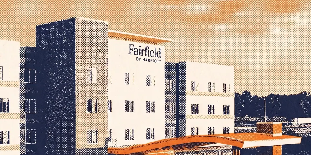 Illustration of a four-story Fairfield by Marriott hotel with a stone tower and a curved canopy over the entrance